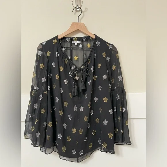 Rebecca Minkoff Derora Star Patterned Silk Metallic Relaxed Blouse Size Small - Picture 3 of 9